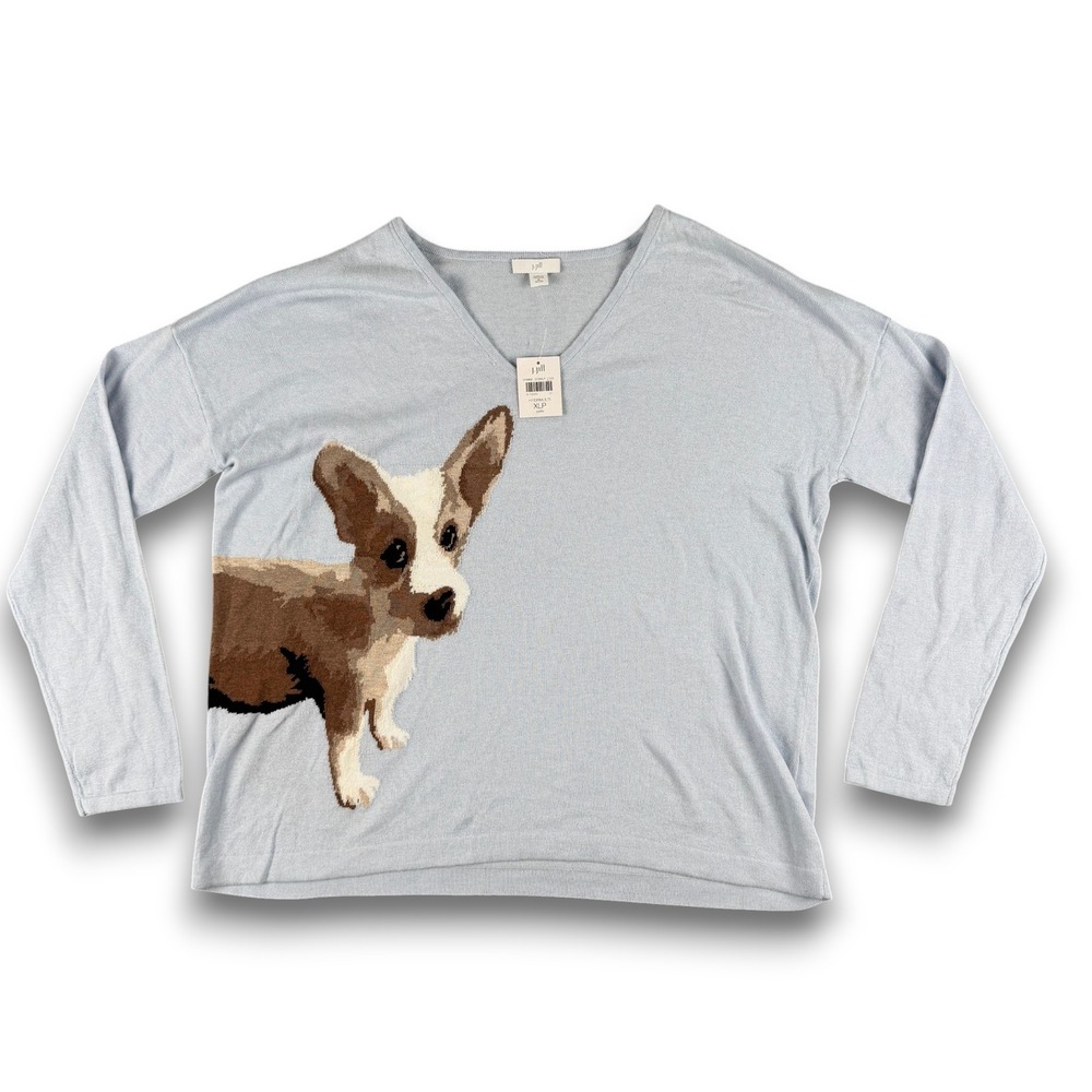 J. Jill Sweater Women XL‎ Petite Light Blue Corgi Dog Graphic V-Neck Long Sleeve